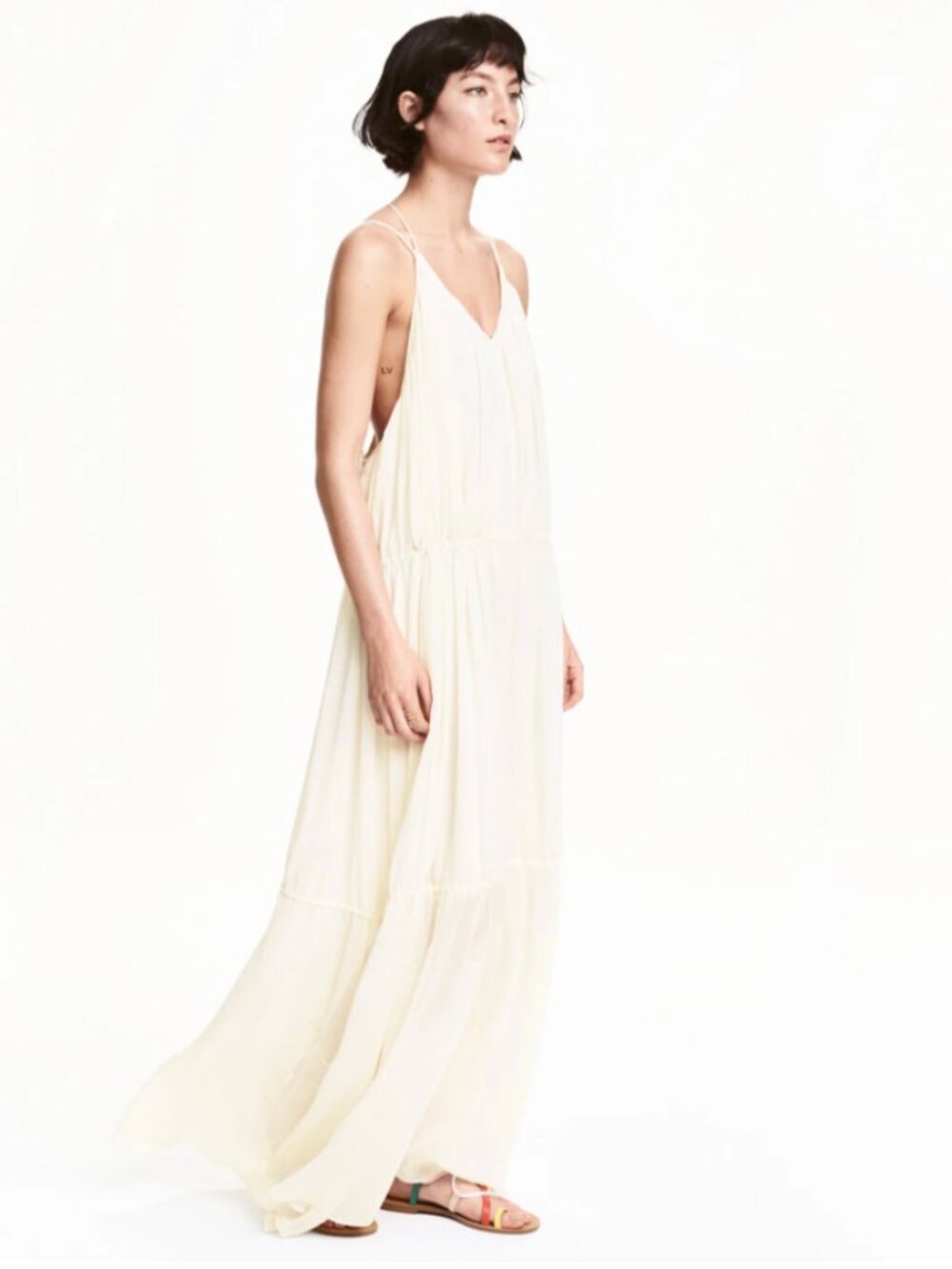 H&M Cream Tiered Chiffon Maxi Dress | Boho Flowy Summer Dress | Size 2